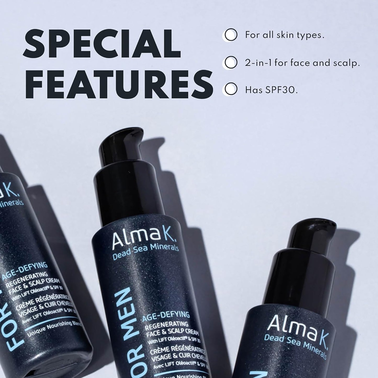 Alma K 抗衰老再生面部和头皮霜（含 SPF 30）- 含 SPF 的日常保湿霜 - 男士保湿霜 - 2 盎司