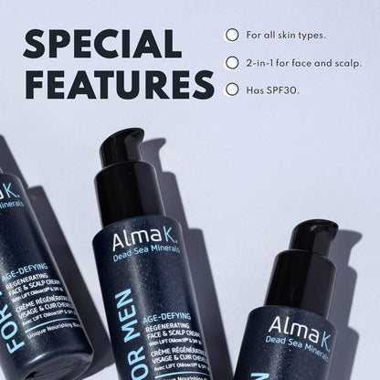 Alma K 抗衰老再生面部和头皮霜（含 SPF 30）- 含 SPF 的日常保湿霜 - 男士保湿霜 - 2 盎司