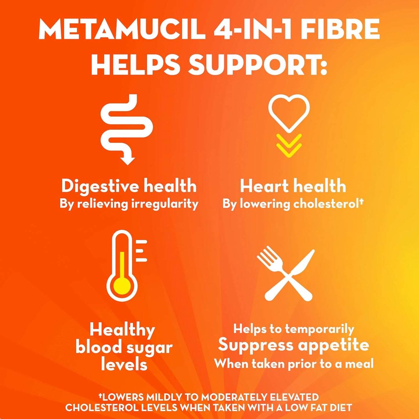 Metamucil 优质混合物，四合一每日膳食纤维，促进消化健康，植物基车前子壳粉补充剂，无糖，含甜菊糖，橙味，72 份