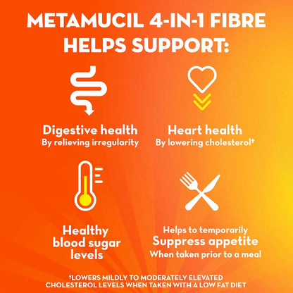 Metamucil 优质混合物，四合一每日膳食纤维，促进消化健康，植物基车前子壳粉补充剂，无糖，含甜菊糖，橙味，72 份