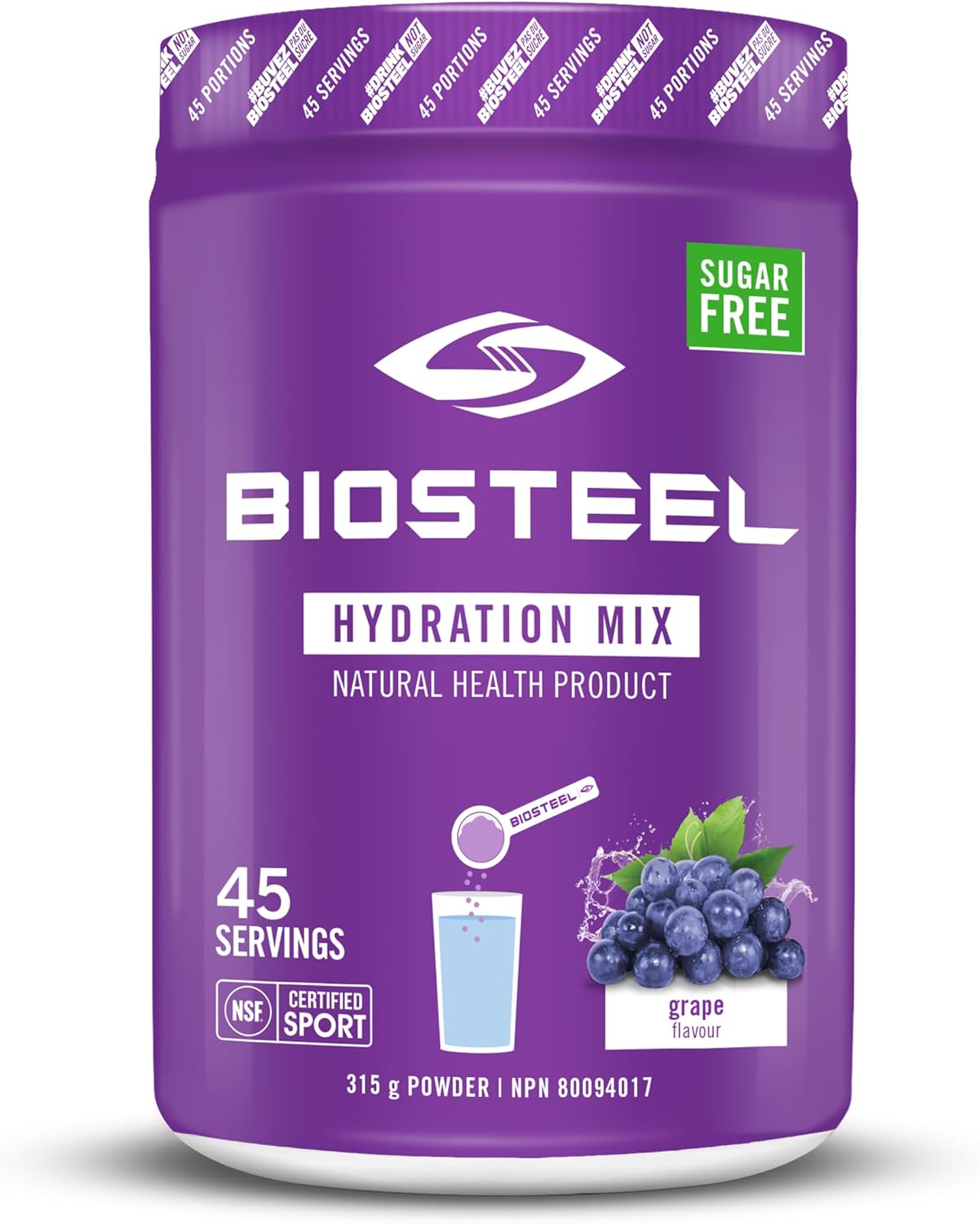 BioSteel 补水混合物，美味补水，零糖，不含人工香料或防腐剂，葡萄口味，每桶 45 份