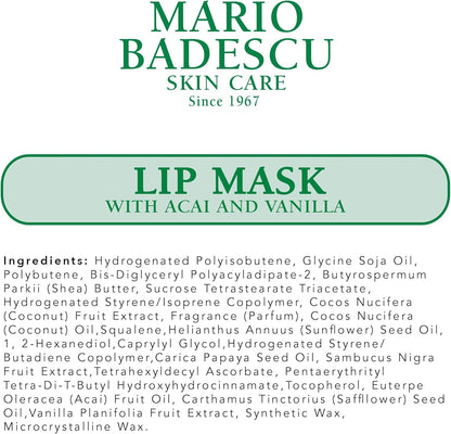 Mario Badescu Lip Mask with Acai and Vanilla for All Skin Types, Overnight Lip Treatment Enriched With Skin Softening Coconut Oil and Hydrating Shea Butter, 0.5 Ounces