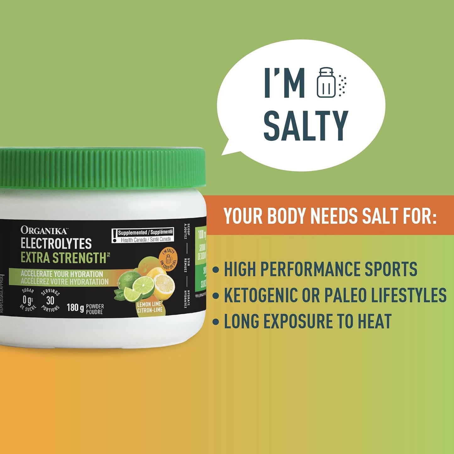 Organika 加拿大制造电解质超强粉 - 柠檬青柠味 - 高钠，适合运动后恢复 - 咸味，无糖，补水和补充电解质 - 180 克，30 份