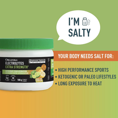 Organika 加拿大制造电解质超强粉 - 柠檬青柠味 - 高钠，适合运动后恢复 - 咸味，无糖，补水和补充电解质 - 180 克，30 份