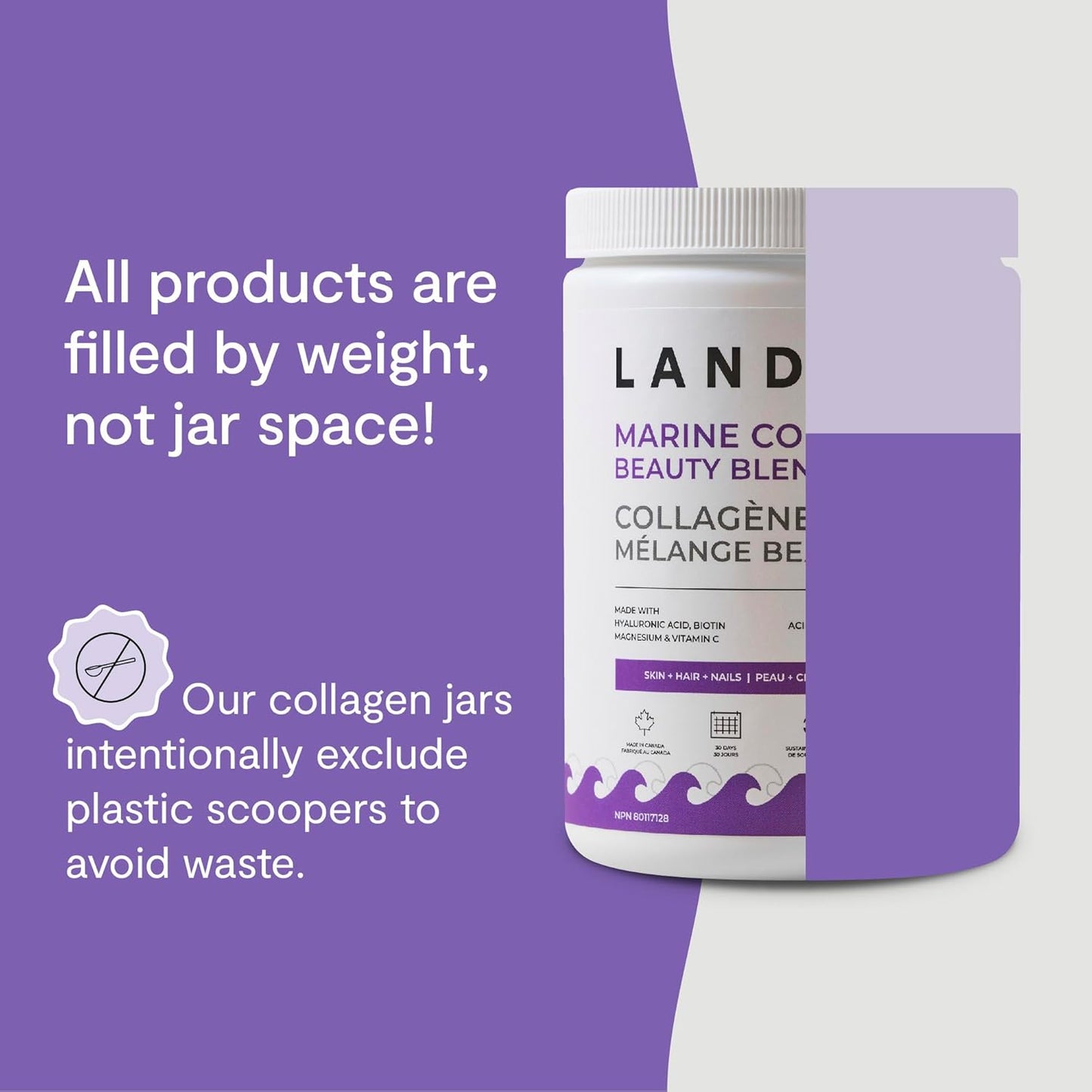 Landish 海洋膠原蛋白美容混合肽粉 - 野生海洋膠原蛋白、透明質酸、生物素、海水鎂和維生素 C - 皮膚、頭髮和指甲支持 - 可飲用的護膚品 - 快速溶解 - 加拿大製造 - 3…