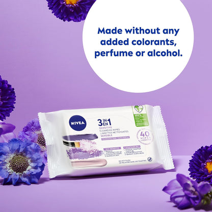 NIVEA 3-in-1 Biodegradable Face Cleansing & Makeup Removing Wipes for Sensitive Skin, 40 Wipes