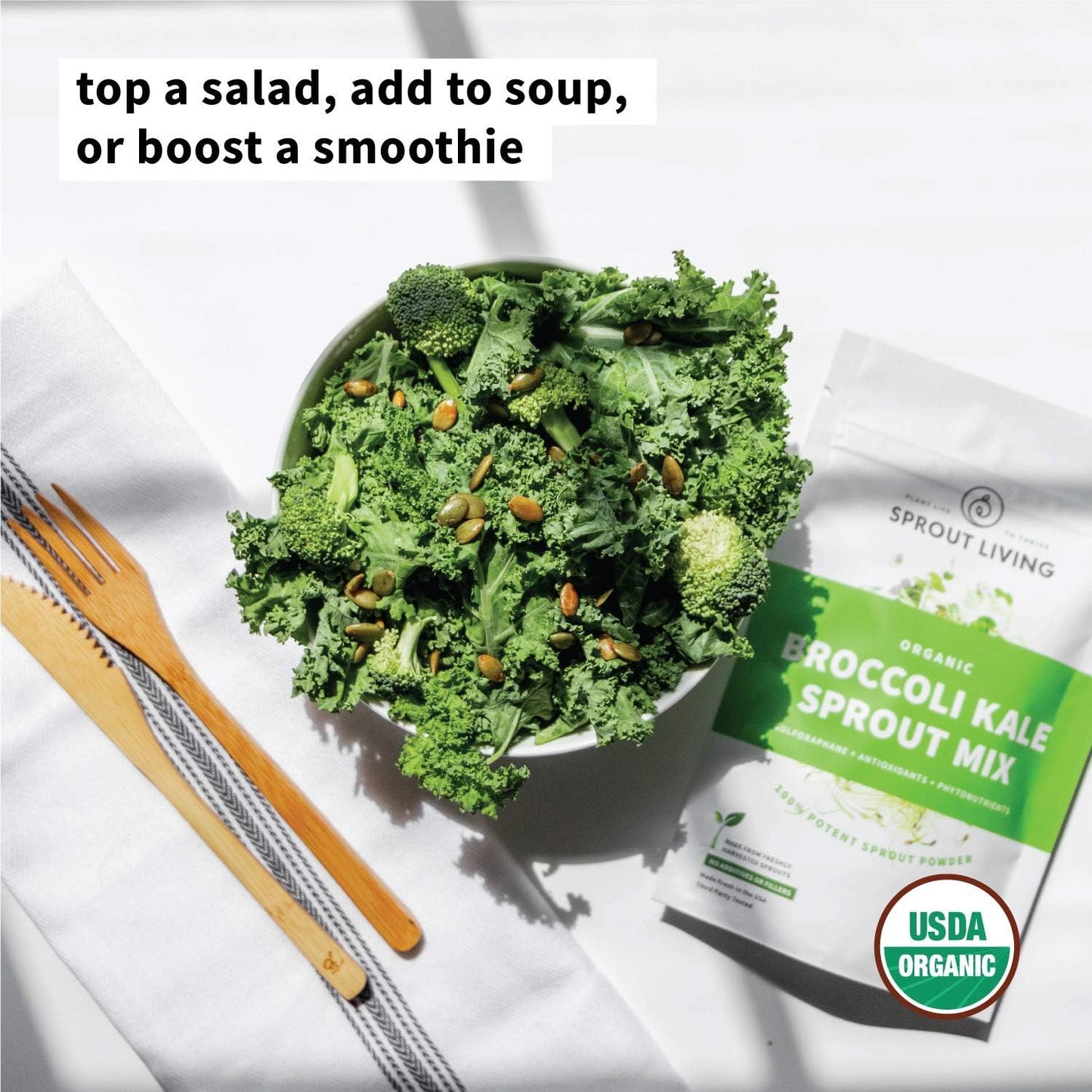 Sprout Living 西蘭花和羽衣甘藍有機芽菜混合物，冷凍乾燥超級食品綠色粉，100% 純素，純素，非基因，無麩質（4 盎司，32 份）