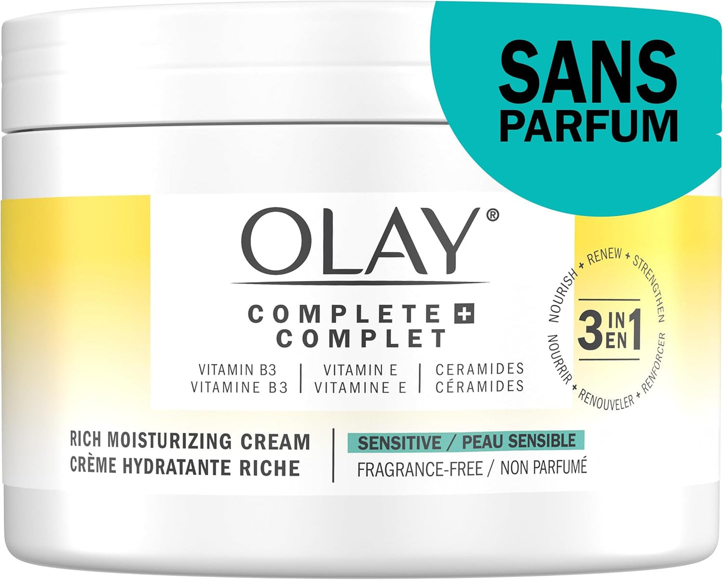 Olay Complete + Rich Moisturizing Cream Fragrance-Free, 3-in-1 Hydrating Face Cream for Dry Skin with Vitamin B3, Vitamin E, and Ceramides, 251 mL