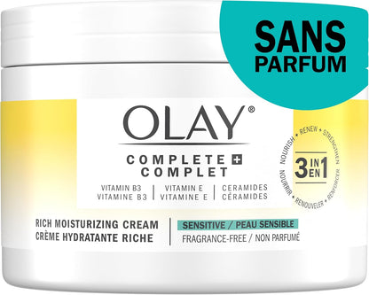 Olay Complete + Rich Moisturizing Cream Fragrance-Free, 3-in-1 Hydrating Face Cream for Dry Skin with Vitamin B3, Vitamin E, and Ceramides, 251 mL