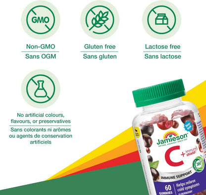 Jamieson 维生素C + 免疫护盾软糖，天然接骨木莓味，添加接骨木莓、维生素C和锌。支持免疫健康，缓解早期感冒症状，适合3岁以上家庭使用，不含人工香料和色素……