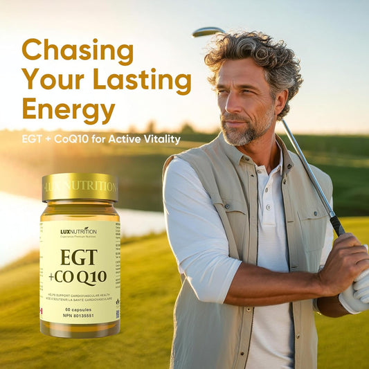 Lux Nutrition |EGT+CoQ10 50mg,Coenzyme Q10 + 25mg Dr.Ergo Ergothioneine,Cardiovascular Support, Cellular Energy & Mitochondrial Function | Proudly Made in Canada | 60 Capsules