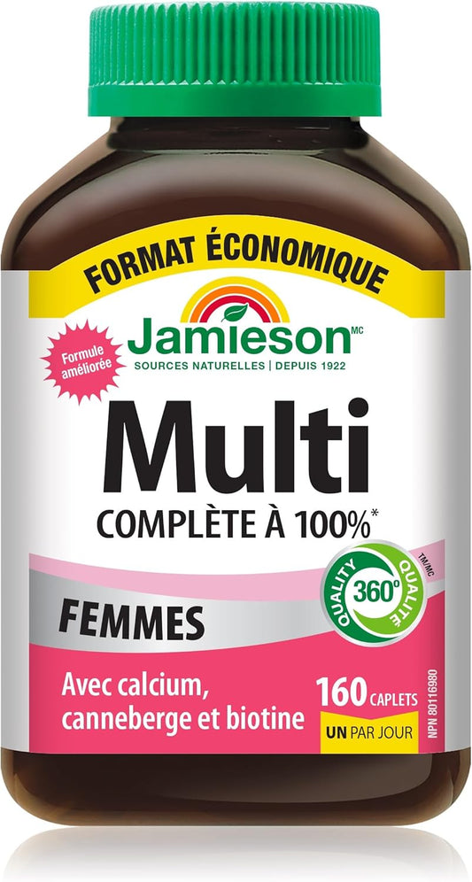 Jamieson 100% 女士复合维生素，含蔓越莓、生物素和钙，支持能量、免疫力、日常健康、健康皮肤和骨骼健康，每日一片，160 粒胶囊