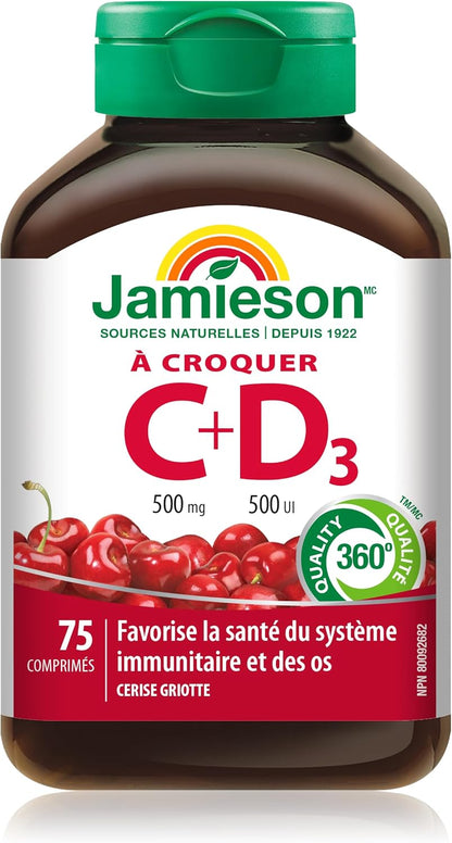 Jamieson 咀嚼維生素C 500毫克，含維生素D 500國際單位，酸櫻桃口味，適合4歲以上兒童，有助於增強免疫力，強健牙齒和骨骼。素食，無麩質，不含人工香料和色素，75粒，配方…