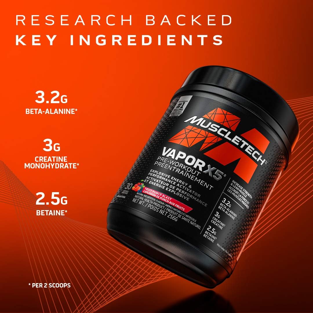 MuscleTech Vapor X5 男女鍛鍊前補充品 - 強效肌肉幫浦能量粉飲料混合物 - 運動營養增肌補充品 - 橘子芒果鳳梨口味，247 克（30 份）