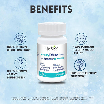 Herbion Naturals Memory Enhancer helps Improve Cognitive Function with Ginkgo biloba, Emblic, Coriander, Thyme, Lavender & Licorice extracts for adults. 60 Veggie Caps