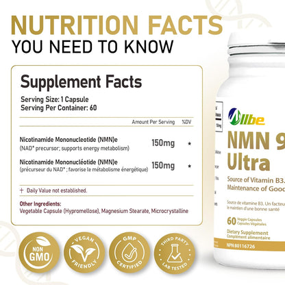 ALLBE NMN 9000 超级胶囊 - 加拿大 NAD 补充剂，用于细胞能量代谢、修复、免疫和健康衰老 - 保质期长的烟酰胺单核苷酸 150 毫克 - 60 粒胶囊