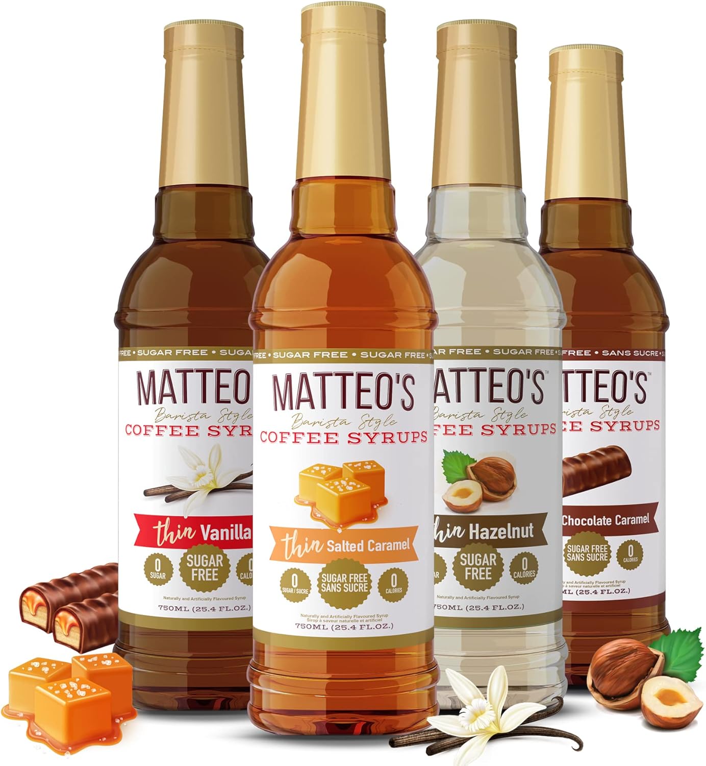 Matteo's Barista Style Sugar Free Coffee Syrup - 4 Flavor Variety Pack, No Calorie & Coffee Syrup Pump Dispenser, Bottle Pumps for Syrup, Skinny Syrup Pump for 750ml Bottles