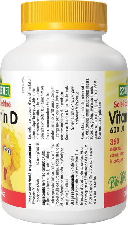 芝麻街每日阳光维生素 D3 儿童咀嚼片，360 片咀嚼片，每片含 600 国际单位维生素 D，适合 3 岁及以上儿童