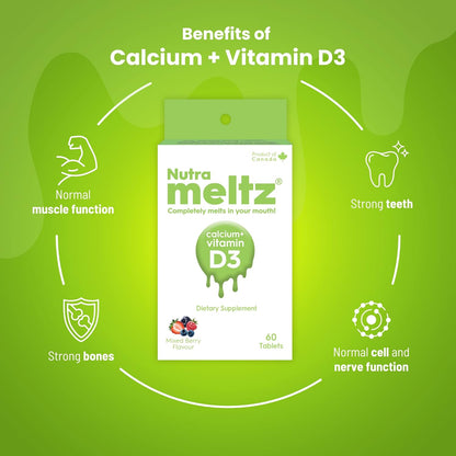 Nutrameltz 鈣 + 維生素 D3 – 促進肌肉功能、強化骨骼和牙齒、增強免疫力、預防鈣 d3 維生素缺乏症速溶片，混合漿果味（60 片）
