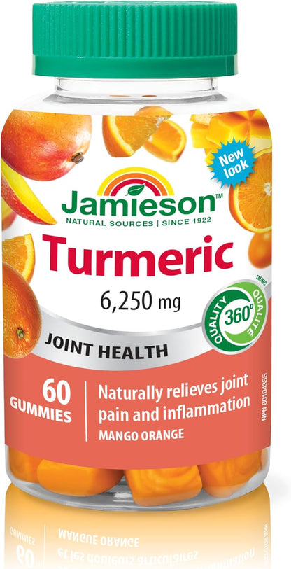 Jamieson Turmeric Gummies Mango Orange Flavour, Provides Natural Joint Pain Relief and Supports Inflammation, Potent Antioxidant. Vegetarian, Non-GMO, Gluten-Free, No Artificial Colours, or Flavours, 60 Count, Proudly Ca…