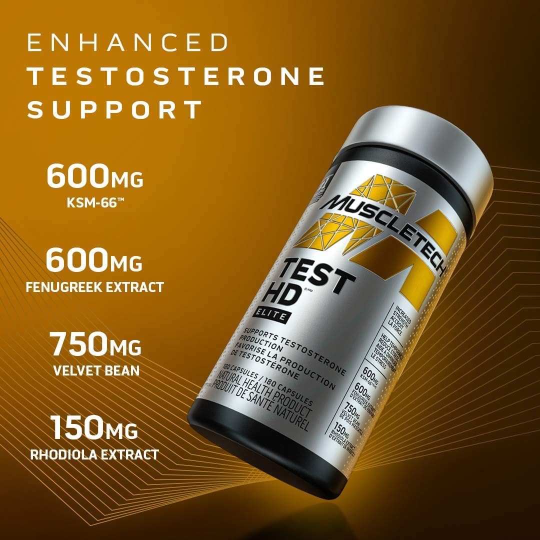 Muscletech 男性睪固酮增強劑、MuscleTech Test HD Elite、男性蒺藜、男性增強力量和睪固酮增強劑、男性硼補充劑，180 粒膠囊（1 包）