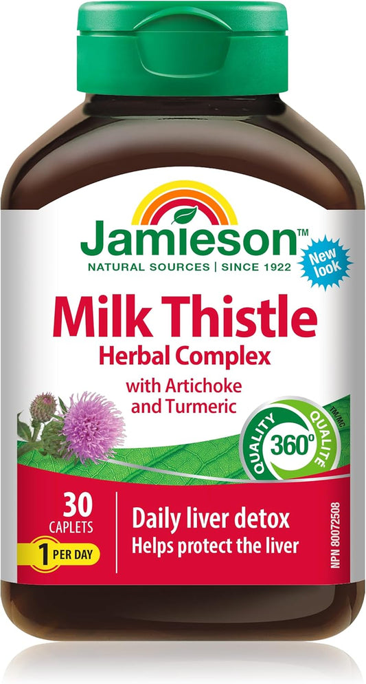 Jamieson Milk Thistle Herbal Complex, with Artichoke and Turmeric, Supports Liver and Digestive Health. Non-GMO, Gluten-Free, 30 Vegetarian Caplets, Proudly Canadian