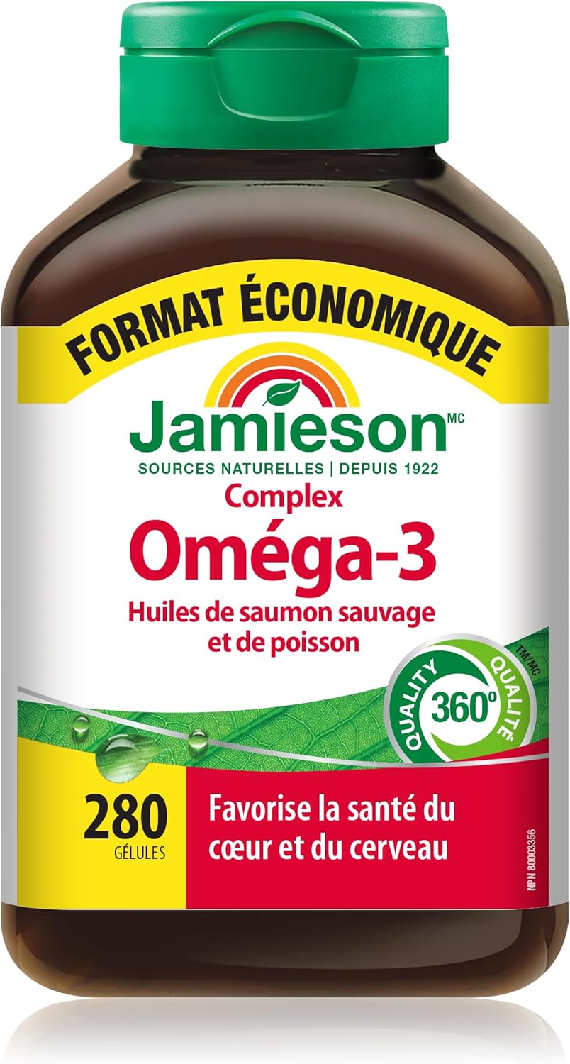 Jamieson Wild Salmon and Fish Oil 1,000 mg Softgels, Value Size, Supports Heart and Brain Health. With Wild Alaskan Salmon, Menhaden, EPA and DHA, Non-GMO, Gluten-Free, 280 Count, Proudly Canadian