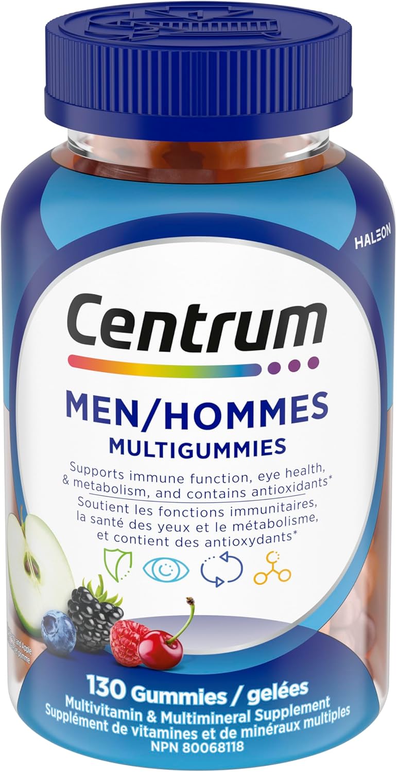 Centrum Men MultiGummies，多种维生素/矿物质软糖，樱桃、浆果和苹果口味，130 粒（包装可能有所不同）