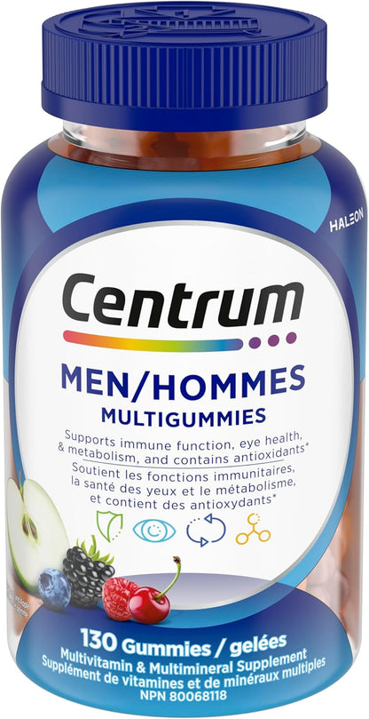 Centrum Men MultiGummies，多种维生素/矿物质软糖，樱桃、浆果和苹果口味，130 粒（包装可能有所不同）