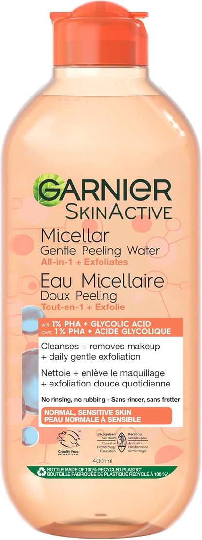 Garnier Gentle Peeling Micellar Water and Face Cleanser, with 1% PHA and Glycolic Acid, Face Exfoliant, Facial Cleanser and Makeup Remover, 400ml