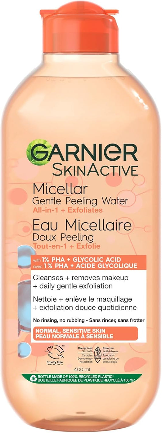 Garnier Gentle Peeling Micellar Water and Face Cleanser, with 1% PHA and Glycolic Acid, Face Exfoliant, Facial Cleanser and Makeup Remover, 400ml