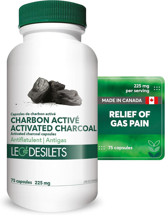 Leo Desilets Activated Charcoal | 225mg of Activated Charcoal per Capsule | Helps Relieve Bloating and Gas Pains | GMO & Pesticide Free | 75 Capsules