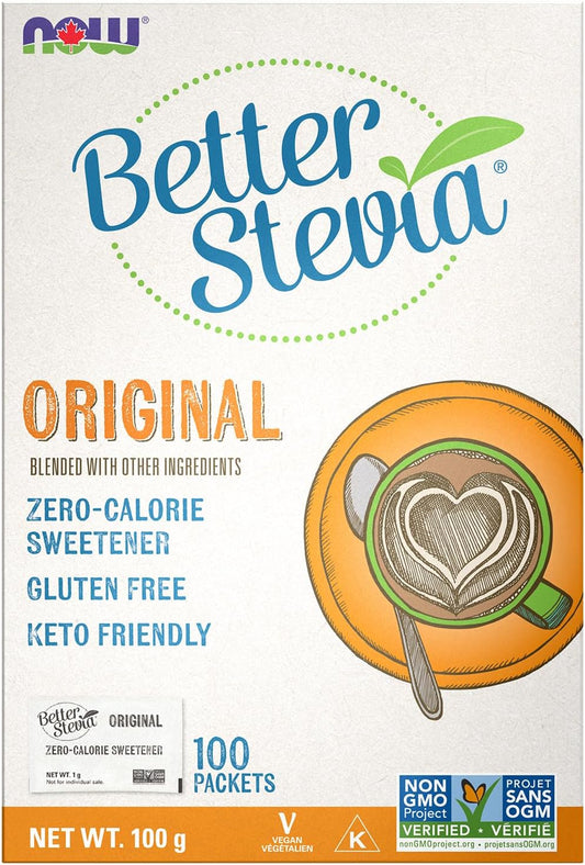 NOW Foods BetterStevia Zero-Calorie Granulated Sweetener Packets, Keto Friendly, Suitable for Diabetics, No Erythritol, 100 Packets