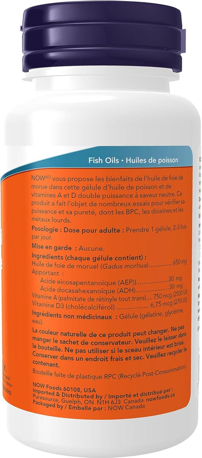 NOW Supplements，鳕鱼肝油 650 毫克，维生素 A 和 D-3 的优质来源，100 粒软胶囊