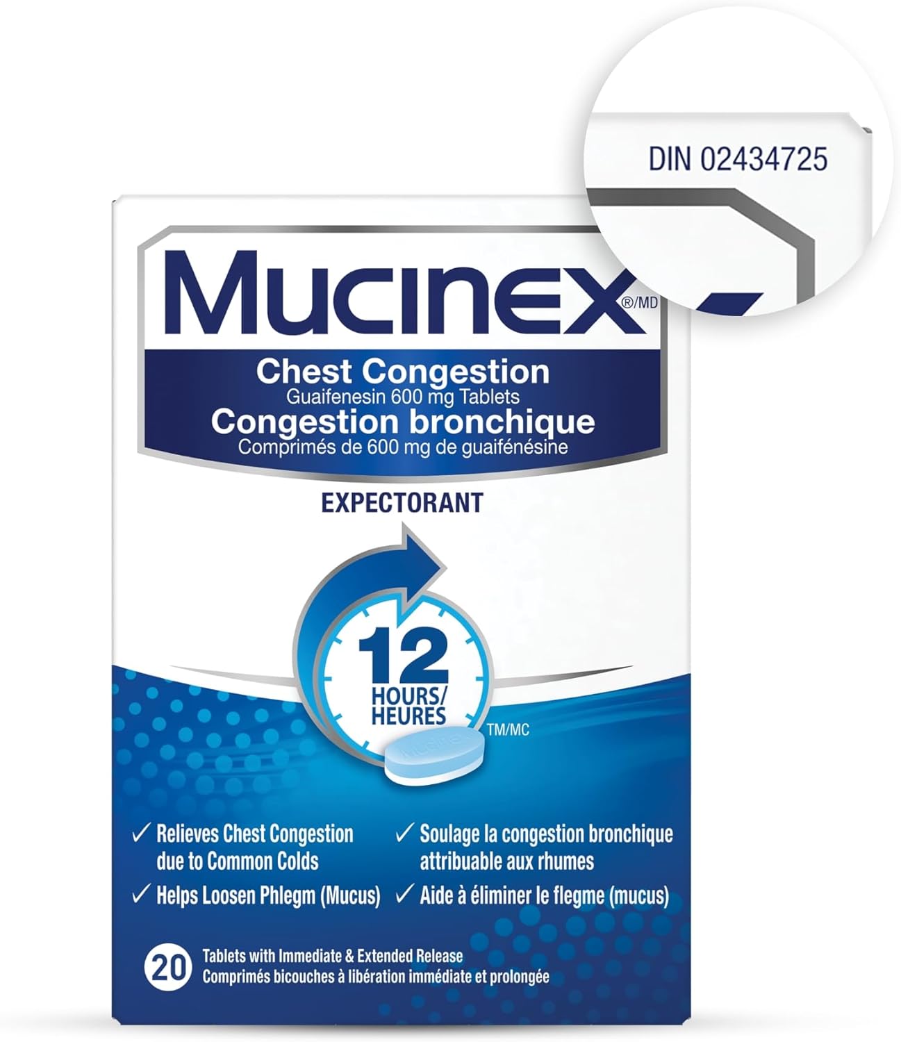 Mucinex, 胸闷，12 小时缓释双层片剂，祛痰，600 毫克，20 片