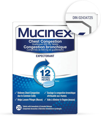 Mucinex, 胸闷，12 小时缓释双层片剂，祛痰，600 毫克，20 片