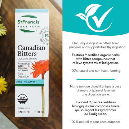 圣弗朗西斯草药农场加拿大苦味酒 (100ml) 天然缓解胃部不适、胃灼热和腹胀 (1 酊剂) 有机认证，不含转基因成分，不含麸质，纯素，素食，加拿大制造，1988 年