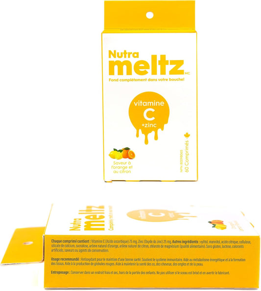 Nutrameltz 維生素 C 和鋅 - 免疫增強補充劑，支持頭髮生長，幫助組織發育，速溶片，用於維生素缺乏症 - 檸檬和橙子味（60 片）
