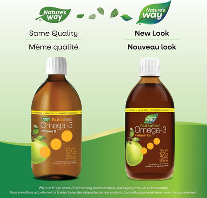 Nature's Way NutraSea Omega-3 和維生素 D 補充劑 - 含 EPA 和 DHA 的魚油 - 支持健康的心臟和大腦，幫助強健骨骼和牙齒並幫助支持免疫系統 - 清脆蘋果味，500 毫升液體，素食…
