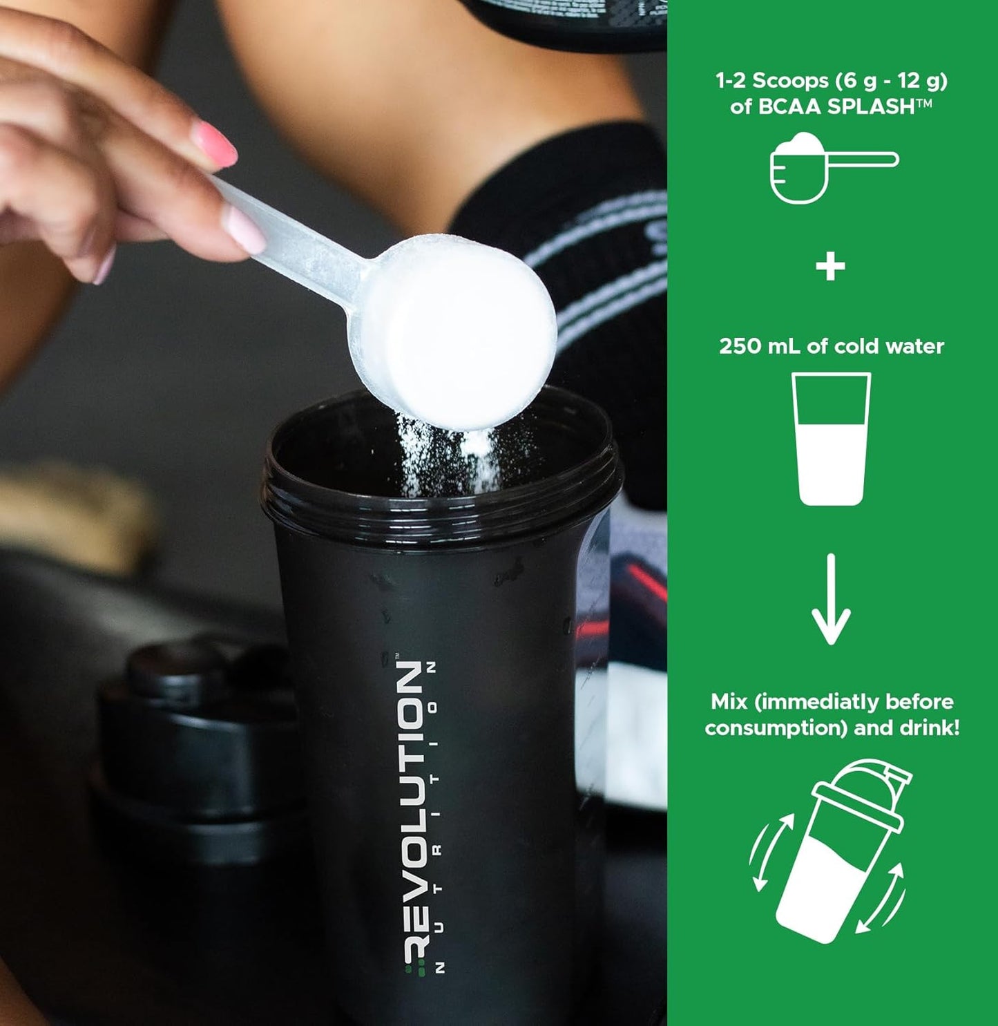 Revolution Nutrition, BCAA Splash，BCAA 粉，純素配方，零卡路里，無乳糖，肌肉恢復，運動後，7100 毫克支鏈氨基酸，1000 毫克瓜氨酸蘋果酸鹽，280 克，46 份（糖果桃子…