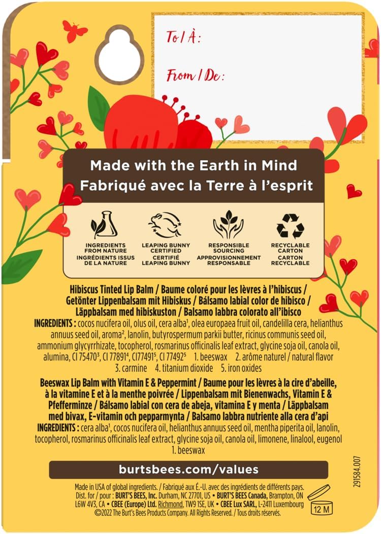 Burt’s Bees® 原廠蜂蠟潤唇膏和芙蓉花有色潤唇膏禮品套裝，100% 天然成分，2 支裝