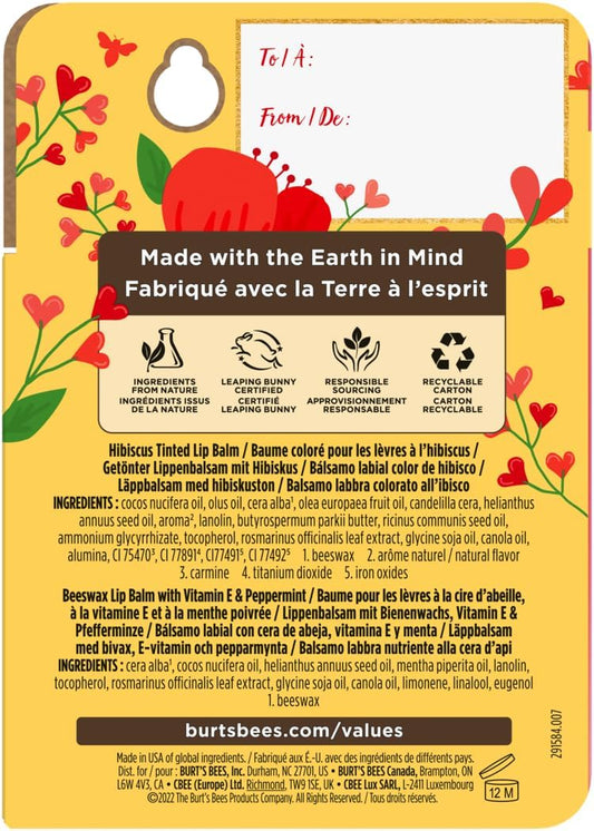 Burt’s Bees® 原廠蜂蠟潤唇膏和芙蓉花有色潤唇膏禮品套裝，100% 天然成分，2 支裝