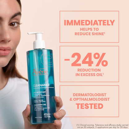 Eau Thermal Avène Cleanance 臉部和身體清潔凝膠，適合痤瘡皮膚的天然清潔劑，可生物降解，瓶裝，400 毫升