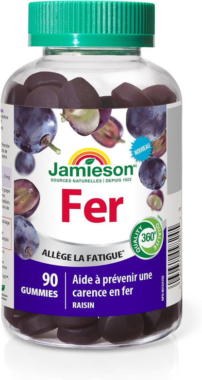 Jamieson 鐵質軟糖 葡萄味，支持整體健康，緩解疲勞，預防缺鐵和貧血。素食，非基因改造，無麩質，不含人工色素、香精或防腐劑，90粒