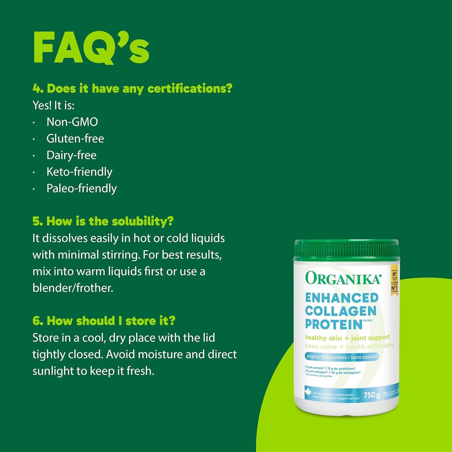Organika Canadian-Made Enhanced Collagen Powder - for Healthy Hair, Skin, Nails, and Joints. Hydrolyzed Protein Peptides for Better Absorption- Grass-Fed, Non-GMO- Unflavoured- 750g