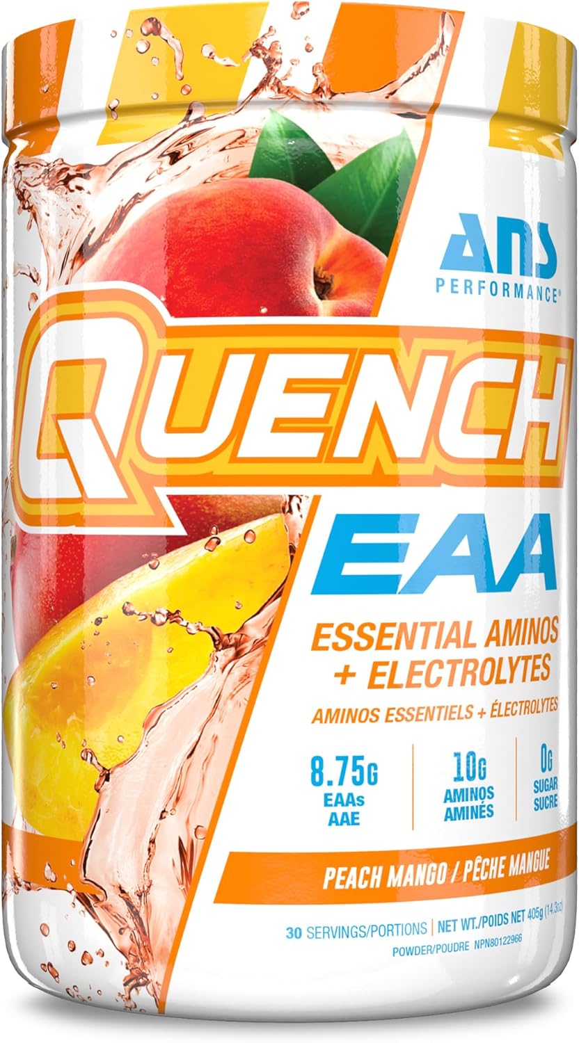 QUENCH EAA 氨基酸 + 電解質 - 9 種 EAA 的完整混合物 - 10 克總氨基酸 - 維生素、抗氧化劑、電解質 - 零糖、零碳水化合物、零卡路里（桃芒果）