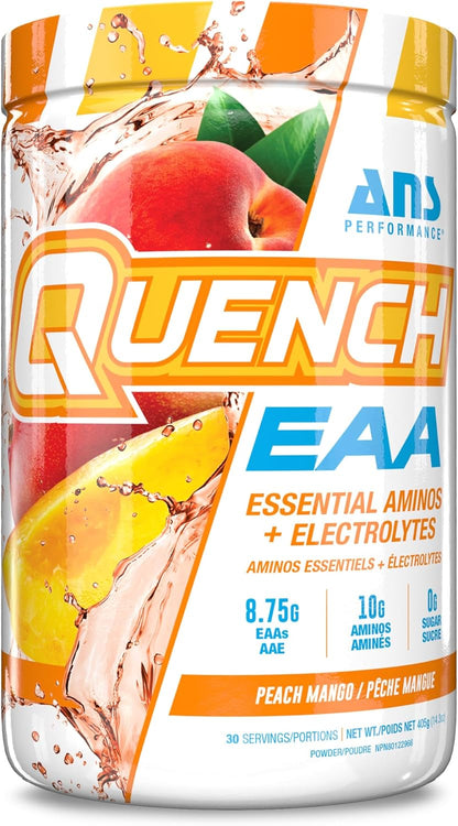 QUENCH EAA 氨基酸 + 電解質 - 9 種 EAA 的完整混合物 - 10 克總氨基酸 - 維生素、抗氧化劑、電解質 - 零糖、零碳水化合物、零卡路里（桃芒果）