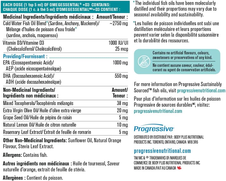 OmegEssential + Vitamin D Liquid Fish Oil Supplement - 1,000 mg EPA + 550 DHA, Orange flavour, 500 ml | All natural, cold water, wild caught