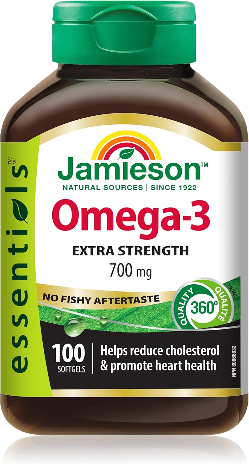 Jamieson 強效 Omega-3 700 毫克，無魚腥味，支持心臟、大腦和眼睛健康，緩解關節炎。富含 EPA 和 DHA，非基因改造，無麩質，100 粒軟膠囊，加拿大製造