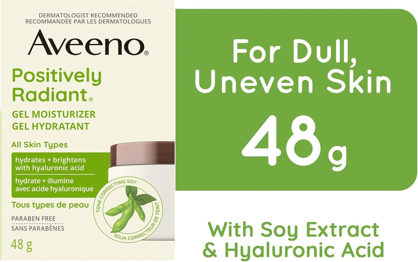 Aveeno Positively Radiant 凝胶保湿霜 - 干性皮肤乳液 - 每日面部和颈部霜 - 透明质酸和大豆 - 45 克